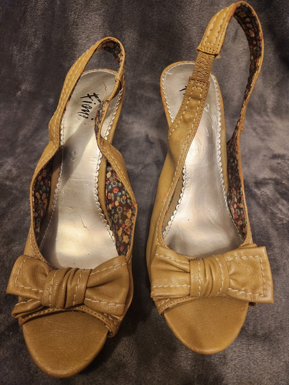 Wemon's Slingback Peep-Toe Heels with Bow Accent - Mustard Tan